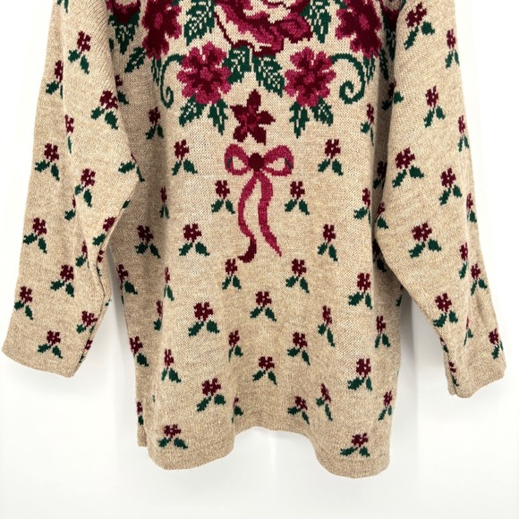Vintage Dana Scott Pullover Sweater Knit Floral Bow Pattern Beige Red USA Size L - Picture 7 of 11